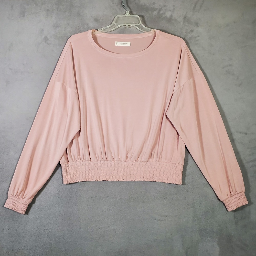 Lucky Brand Blouse Womens L Pink Smocked Waist Dolman Sleeve Minimal Pastel NEW